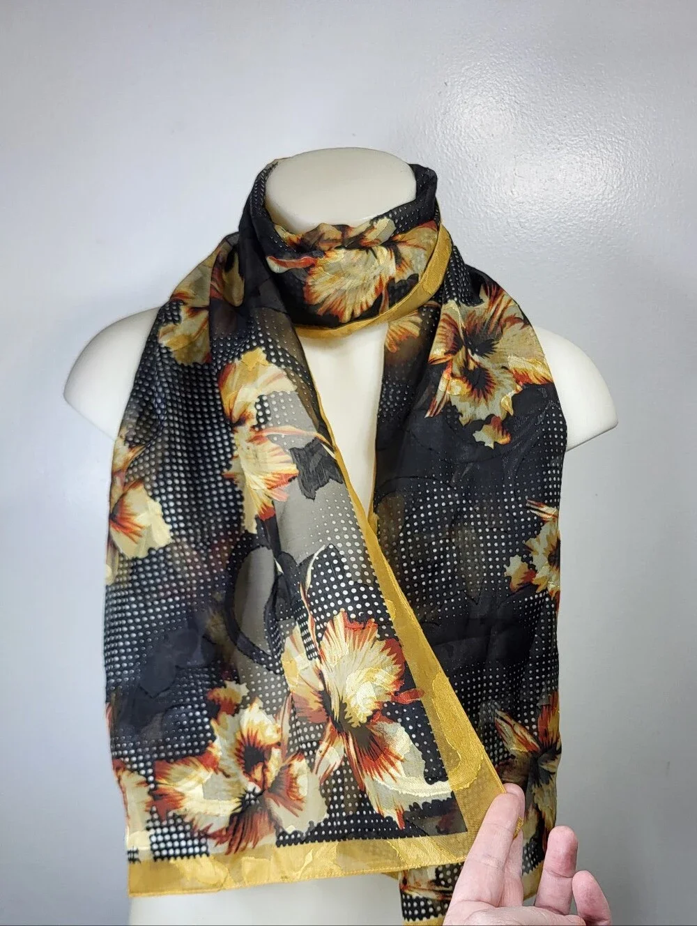 Mosi Silk Touch Black Floral Sheer Scarf with Yellow Accents 64